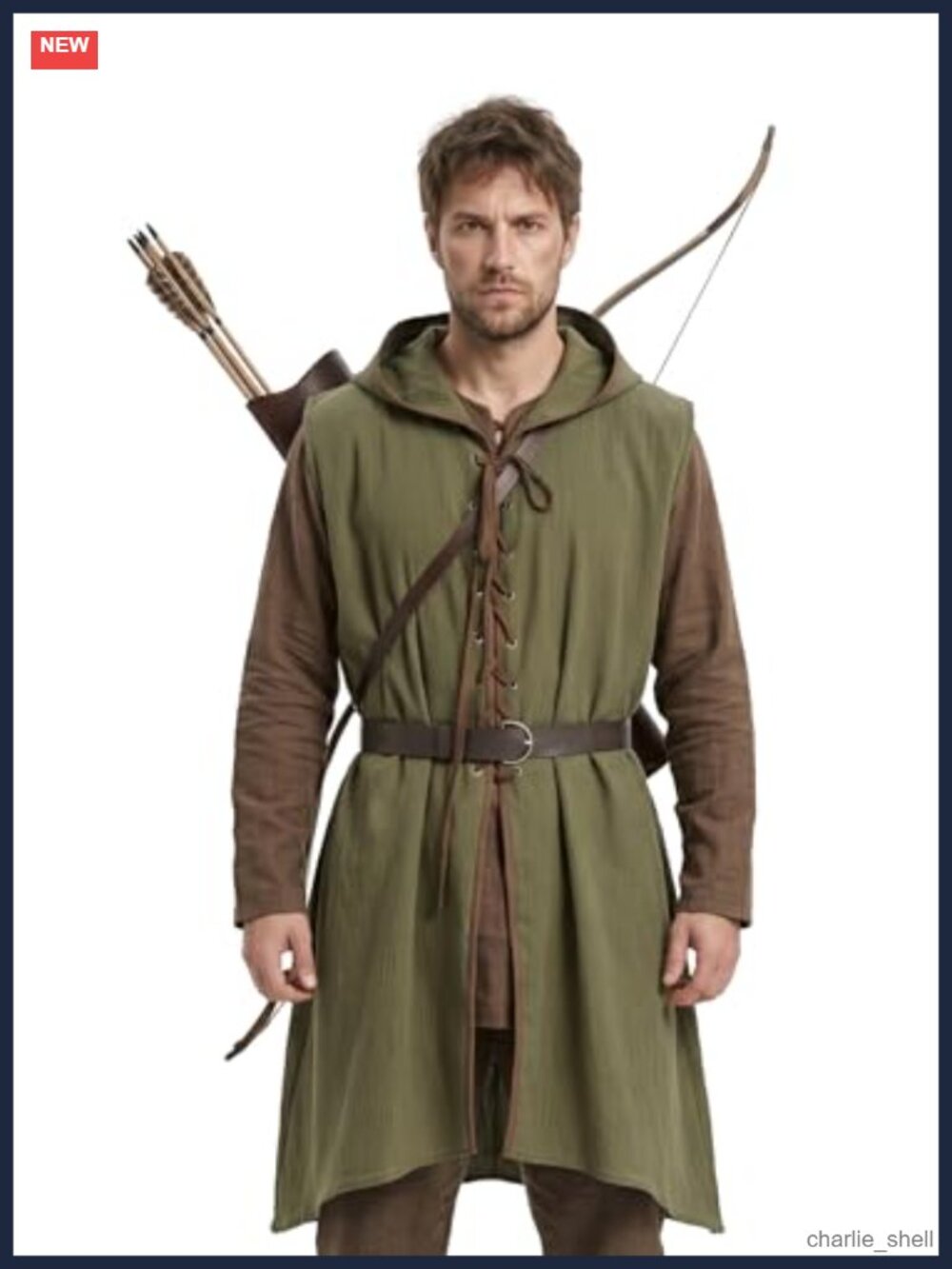 Medieval Hooded Surcoat Sleeveless Tunic with Faux Leather Belt Renaissance